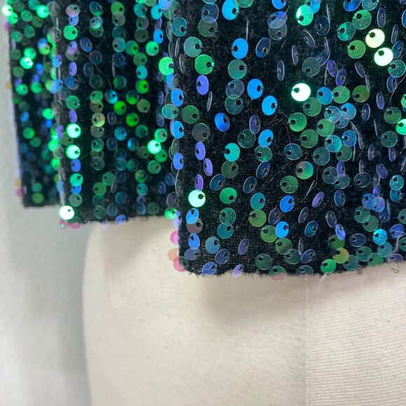 Fashion Green Blue Sequin Halter Top Long Sleeves Small Raw Hem Relaxed Party - Picture 7 of 13
